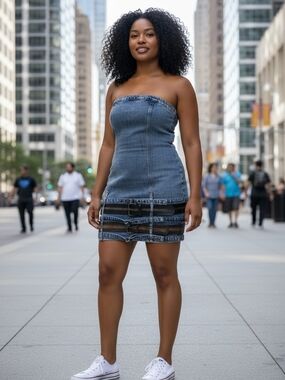 Strapless Denim Mini Dress with Vintage Belt Details Across The Hem🔥🔥NWT